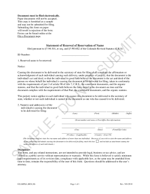 Colorado Statement of Renewal of Reservation of Name