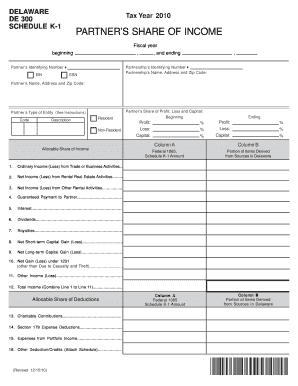 Delaware Schedule K-1 Partner's Share of Income
