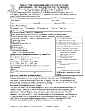 Oregon Tech Student Health Information Release Form