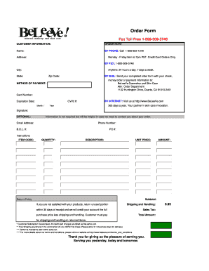 BeLeeVe Cosmetics Order Form