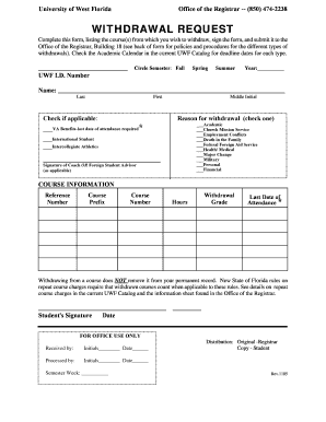 University of West Florida Withdrawal Request Form