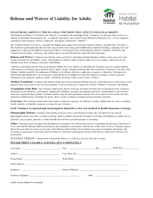 Austin County Habitat for Humanity Adult Volunteer Waiver
