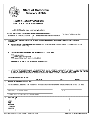 California LLC Certificate of Amendment