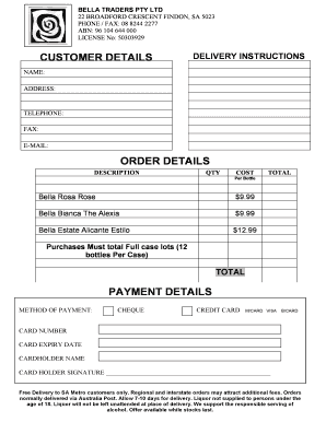 Bella Traders Wine Order Form