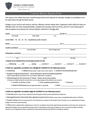 University of Toledo Housing Contract Release Request Form