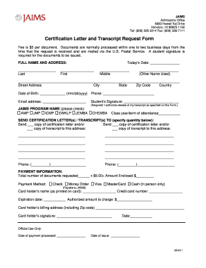 Certification Letter and Transcript Request Form