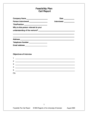 Feasibility Plan Call Report