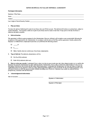 Bonus Special Pay Salary Deferral Agreement