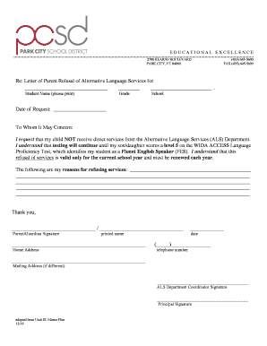 Letter of Parent Refusal of Alternative Language Services