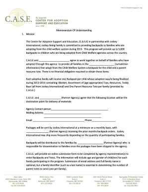 Memorandum of Understanding for Adoption Backpacks
