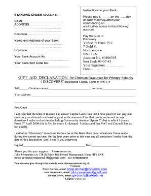 Standing Order Mandate and Gift Aid Declaration