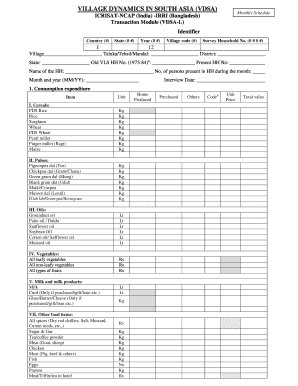 VILLAGE DYNAMICS IN SOUTH ASIA (VDSA) Monthly Schedule ICRISATNCAP (India) IRRI (Bangladesh) Transaction Module (VDSAL) Identifier Country (#) State (# #) I Year (# #) Village code (#) Survey Household No