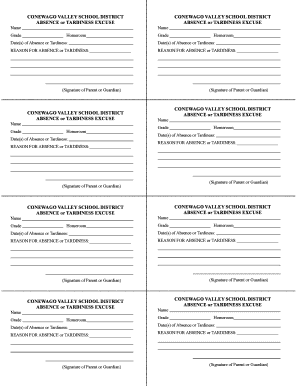 CONEWAGO VALLEY School Absence or Tardiness Excuse