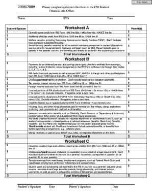 Student Financial Aid Worksheet