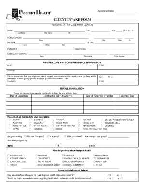 Client Intake Form for Travel Health