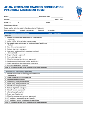 AFLCA Resistance Training Certification Practical Assessment Form
