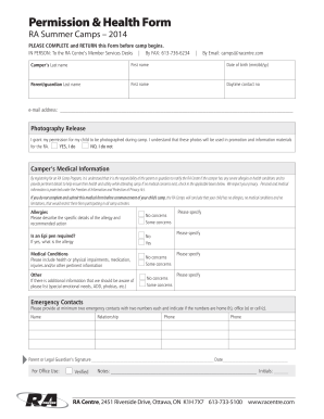 RA Summer Camps Permission and Health Form