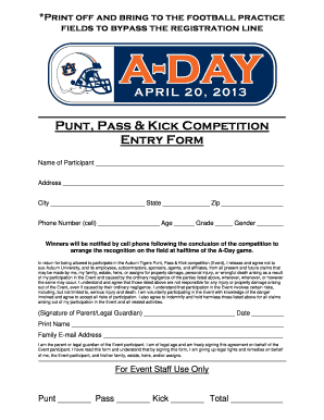 Auburn Tigers Punt Pass Kick Entry Form
