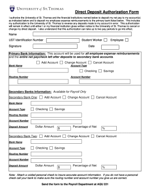 University of St. Thomas Direct Deposit Authorization Form