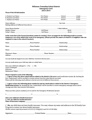 Millstone Township School District Emergency Card