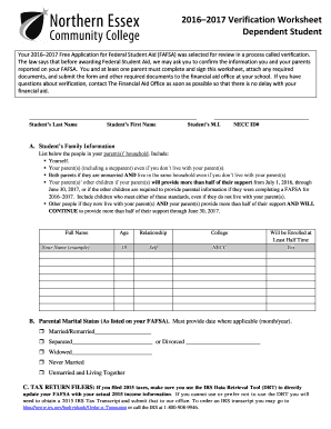 2016–2017 Verification Worksheet