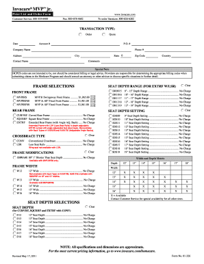 Invacare MVP Jr Price List and Order Form