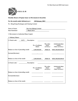 Monthly Return of Equity Issuer on Movements in Securities