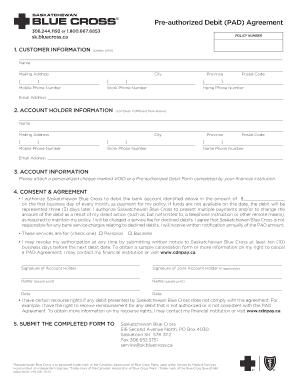 Saskatchewan Blue Cross Pre-authorized Debit Agreement