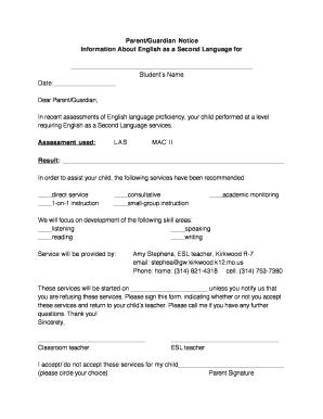 Parent Guardians Notice English Second Language Services