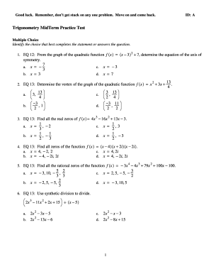 Trigonometry Midterm Practice Test