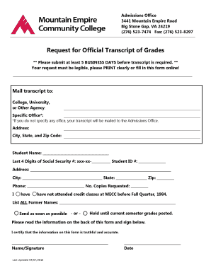 Request for Official Transcript of Grades