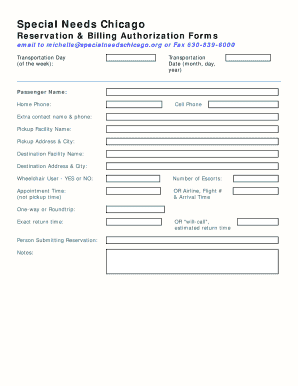 Special Needs Chicago Reservation & Billing Authorization Forms