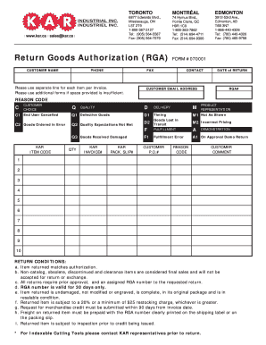 Return bGoodsb Authorization RGA bFORMb 070001 - KAR Industrial - kar