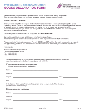 Sterilization Decontamination Goods Declaration Form