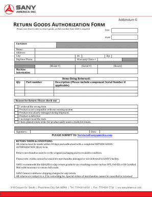 SANY Return Goods Authorization Form