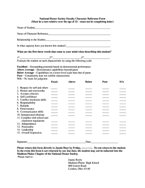 National Honor Society Faculty Character Reference Form