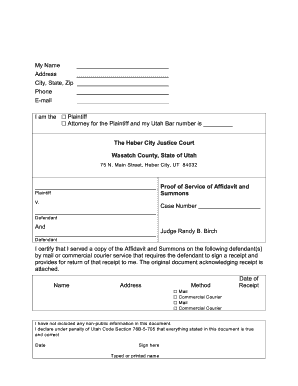 Utah Proof of Service of Affidavit and Plaintiff Summons