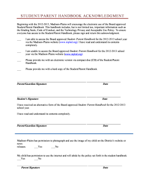 Student Parent Handbook Acknowledgement