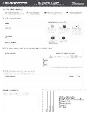 Biking Outlet Return Form