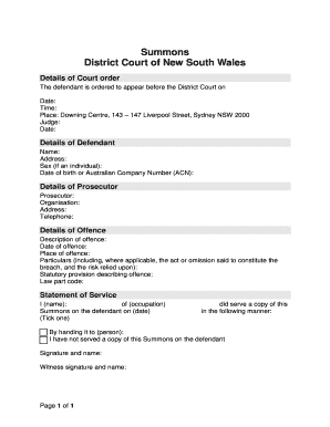 Summons for District Court of New South Wales