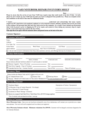 Sony Vaio Notebook Repair Inventory Sheet