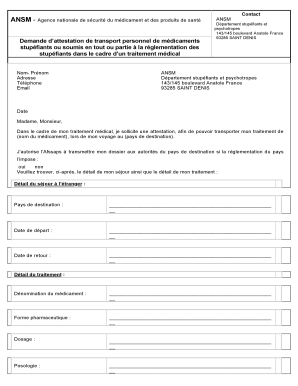 Demande d’attestation de transport personnel de médicaments stupéfiants