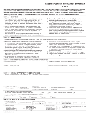British Columbia Investor Lender Information Statement Form 9