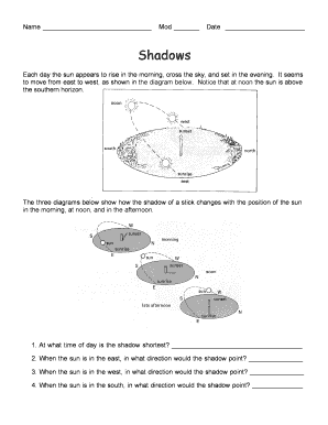 Science Worksheet on Shadows and Sun Position