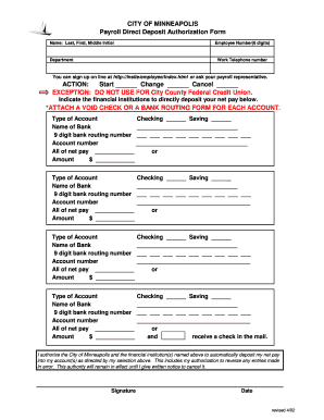 City of Minneapolis Payroll Direct Deposit Authorization Form
