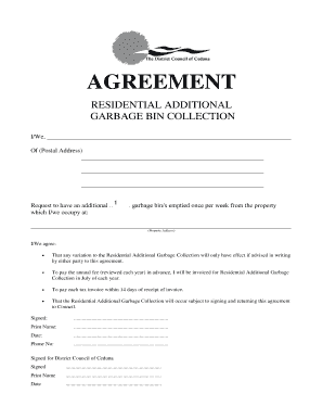 Residential Additional Garbage Bin Collection Agreement