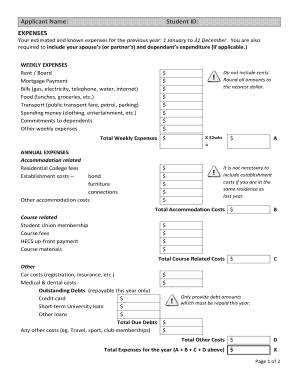 Student Expense and Income Form