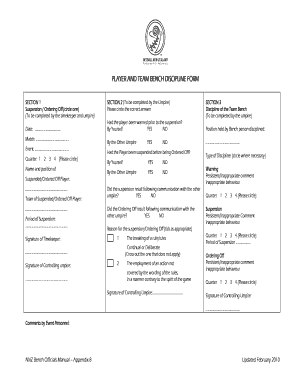 Player and Team Bench Discipline Form