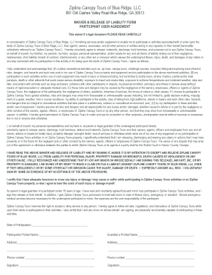 Zipline Canopy Tours Waiver and Release of Liability