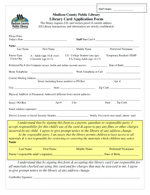 Madison County Public Library Card Application Form